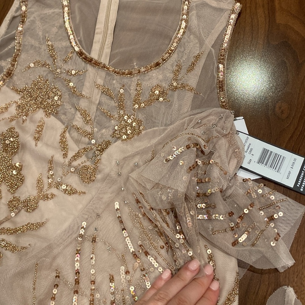 Parker Black/ NWT Florence Sequin FLAPPER Beaded Dress Rosaline Champagne Nude 8 - Picture 3 of 5